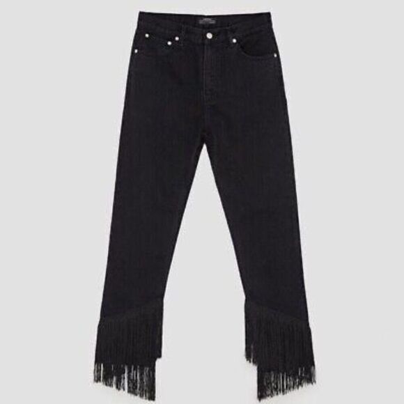 Zara Womens Black Denim High Rise Stretch Fringes Cropped Jeans Dark Wash Size 2 - Picture 3 of 13